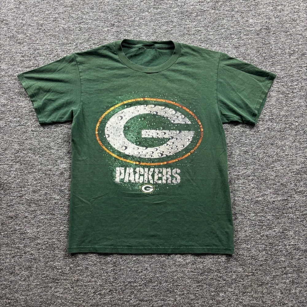 Vintage 90s Nutmeg Green Bay Packers NFL Graphic T-Shirt Water Droplets Green M